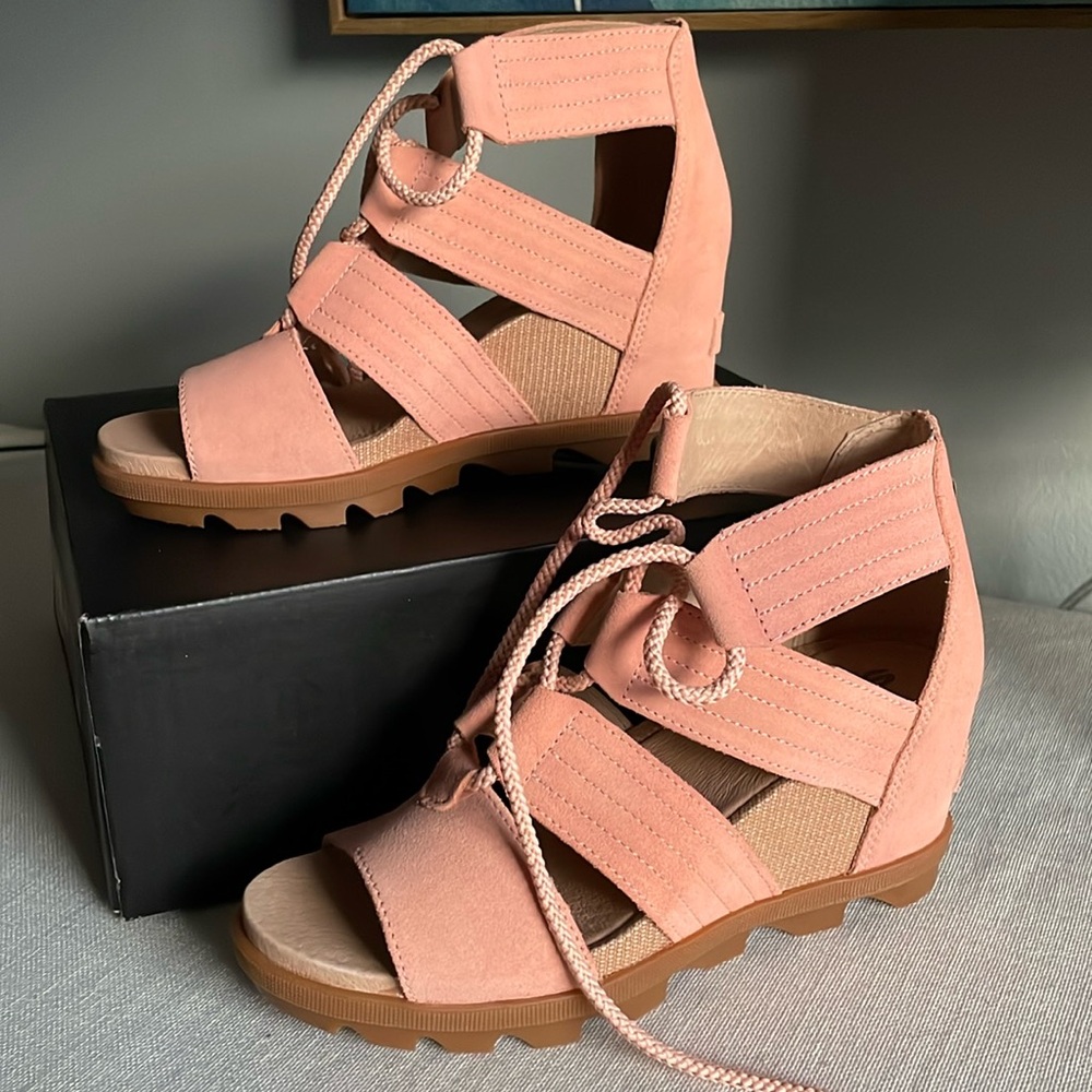 Sorel Joanie 2 lace peach salmon suede heeled sandal